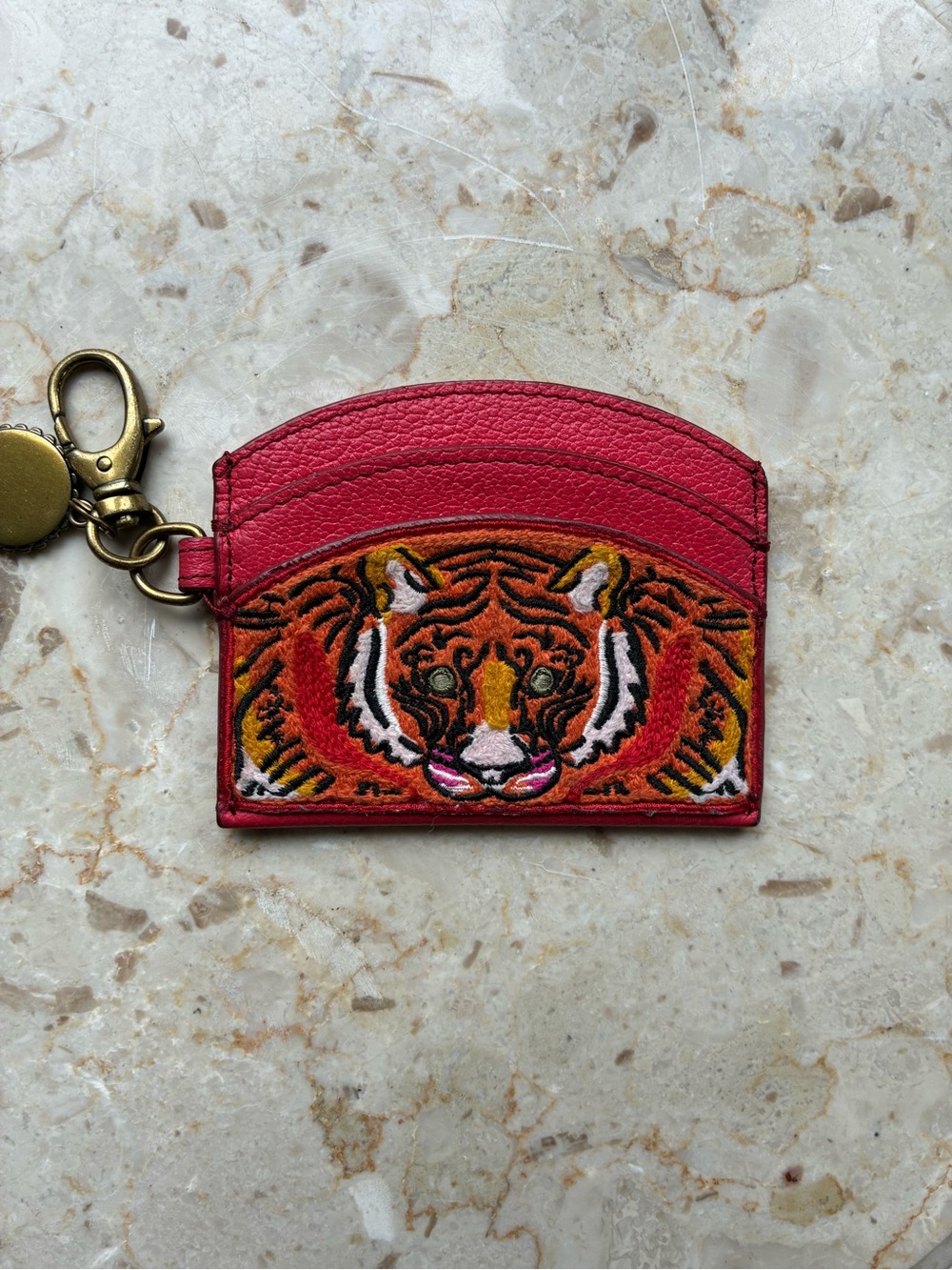 Fossil Tiger Embroidered Leather Card Holder Bag Charm Key Chain, Red